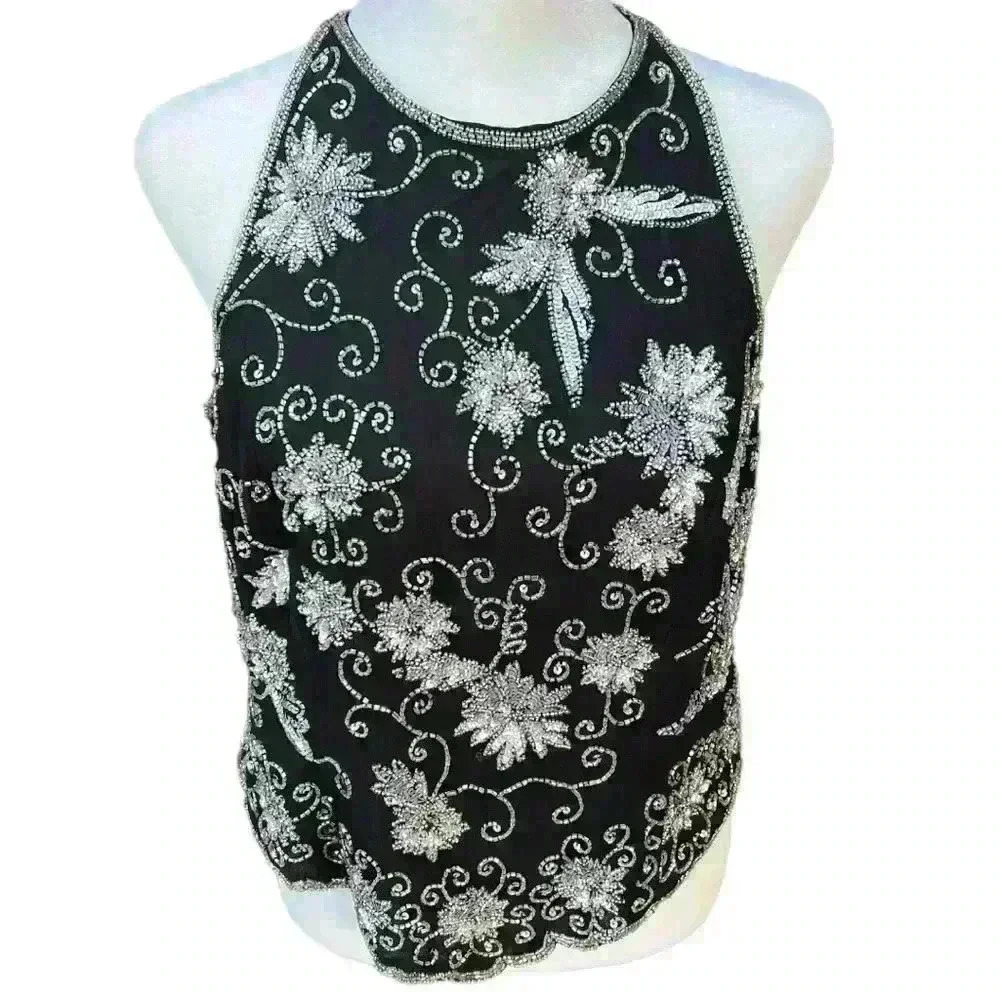 ADRIANNA PAPELL beaded sequined halter black & silver M (NWT)